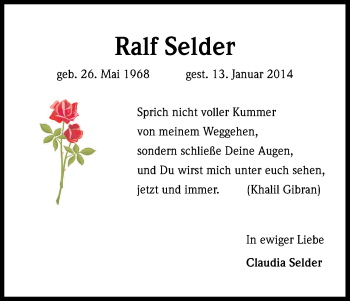 Anzeige von Ralf Selder von Kölner Stadt-Anzeiger / Kölnische Rundschau / Express