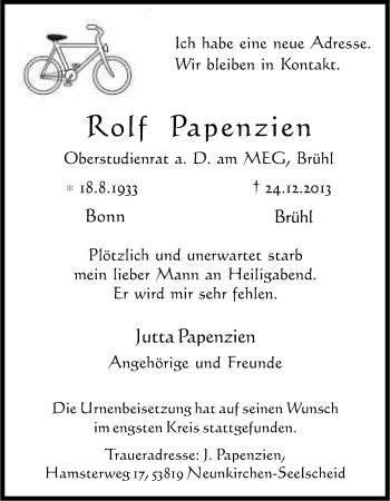Anzeige von Rolf Papenzien von Kölner Stadt-Anzeiger / Kölnische Rundschau / Express