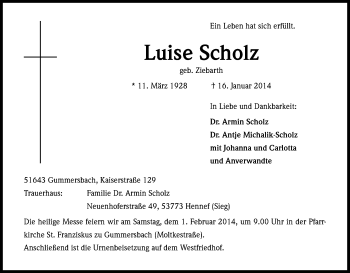 Anzeige von Luise Scholz von Kölner Stadt-Anzeiger / Kölnische Rundschau / Express