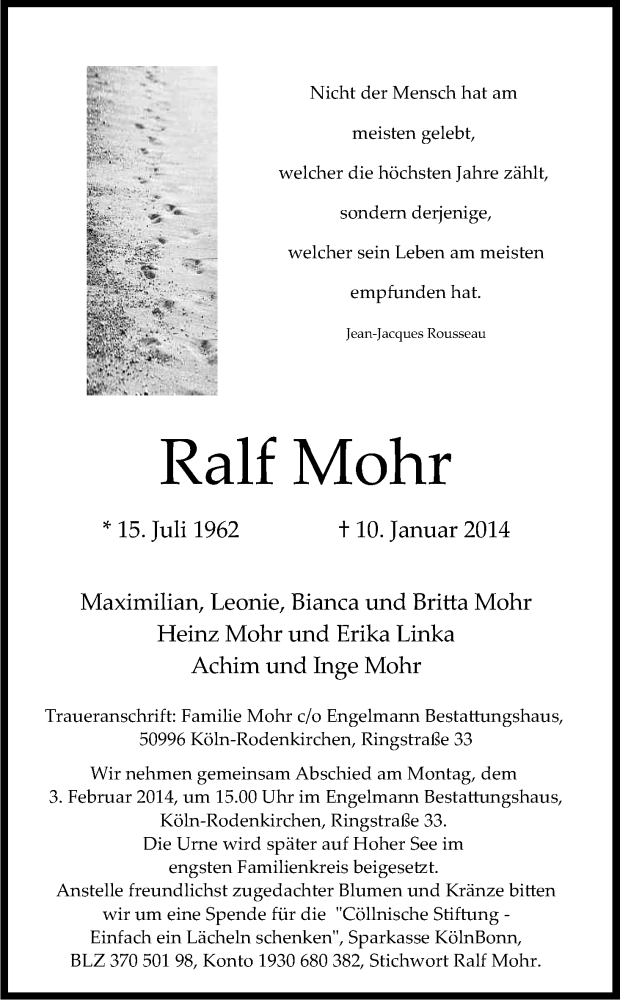  Traueranzeige für Ralf Mohr vom 25.01.2014 aus Kölner Stadt-Anzeiger / Kölnische Rundschau / Express