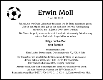 Anzeige von Erwin Moll von Kölner Stadt-Anzeiger / Kölnische Rundschau / Express
