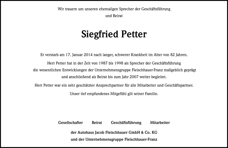  Traueranzeige für Siegfried Petter vom 24.01.2014 aus Kölner Stadt-Anzeiger / Kölnische Rundschau / Express