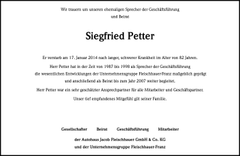 Anzeige von Siegfried Petter von Kölner Stadt-Anzeiger / Kölnische Rundschau / Express