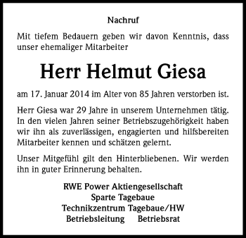 Anzeige von Helmut Giesa von Kölner Stadt-Anzeiger / Kölnische Rundschau / Express