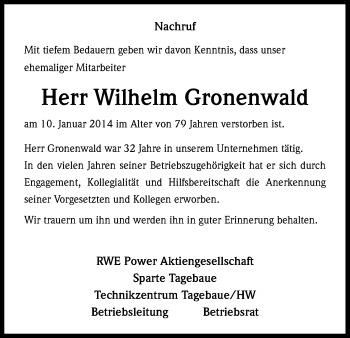 Anzeige von Wilhelm Gronenwald von Kölner Stadt-Anzeiger / Kölnische Rundschau / Express