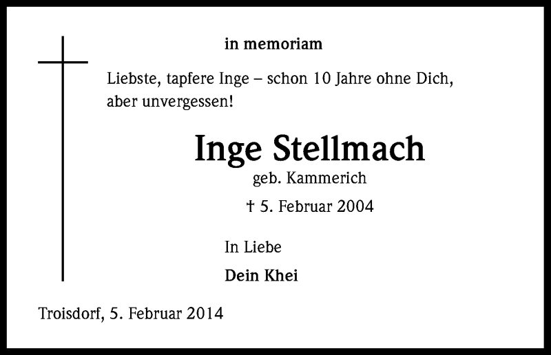  Traueranzeige für Inge Stellmach vom 05.02.2014 aus Kölner Stadt-Anzeiger / Kölnische Rundschau / Express