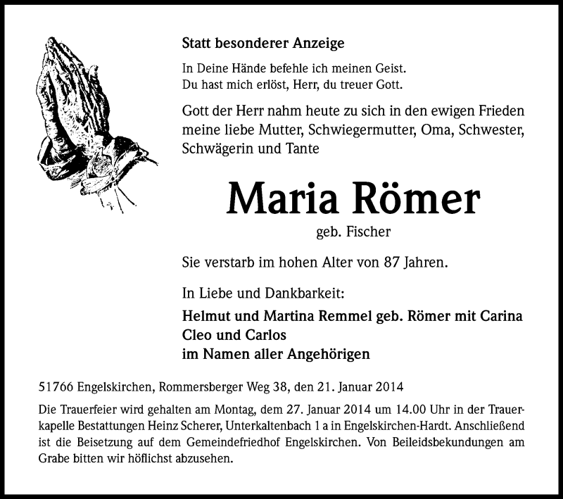 Traueranzeige für Maria Römer vom 23.01.2014 aus Kölner Stadt-Anzeiger / Kölnische Rundschau / Express