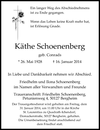Anzeige von Käthe Schoenenberg von Kölner Stadt-Anzeiger / Kölnische Rundschau / Express
