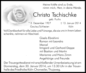 Anzeige von Christa Tschischke von Kölner Stadt-Anzeiger / Kölnische Rundschau / Express