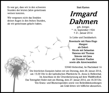 Anzeige von Irmgard Dahmen von Kölner Stadt-Anzeiger / Kölnische Rundschau / Express
