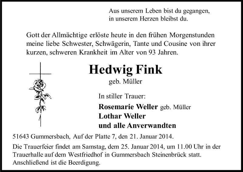  Traueranzeige für Hedwig Fink vom 23.01.2014 aus Kölner Stadt-Anzeiger / Kölnische Rundschau / Express