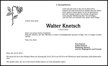 Anzeige von Walter Knetsch von Kölner Stadt-Anzeiger / Kölnische Rundschau / Express