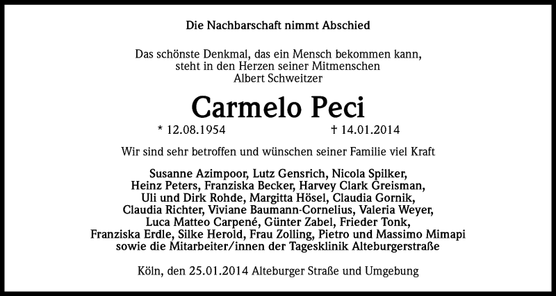  Traueranzeige für Carmelo Peci vom 25.01.2014 aus Kölner Stadt-Anzeiger / Kölnische Rundschau / Express