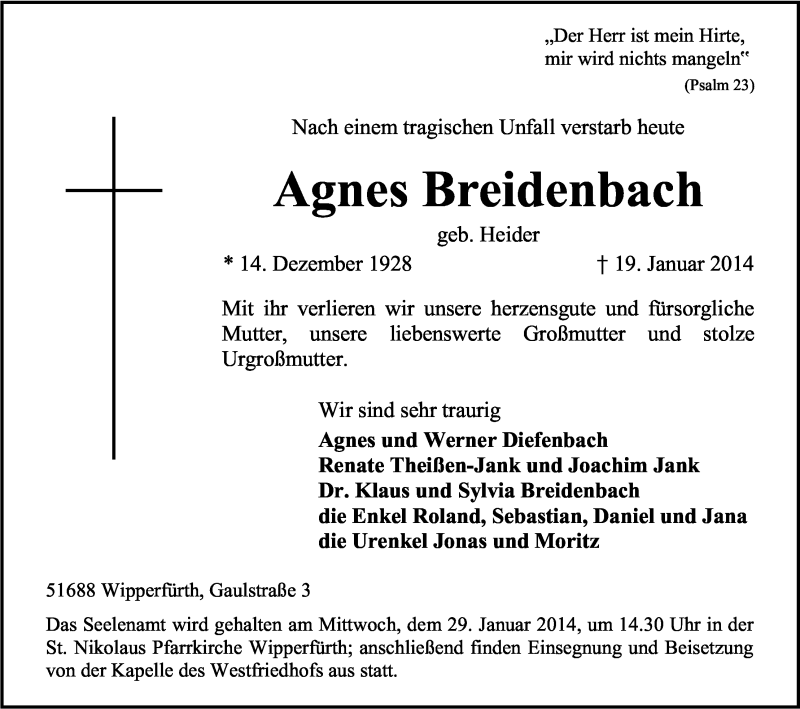  Traueranzeige für Agnes Breidenbach vom 25.01.2014 aus Kölner Stadt-Anzeiger / Kölnische Rundschau / Express