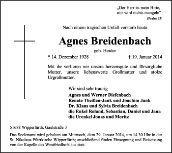 Anzeige von Agnes Breidenbach von Kölner Stadt-Anzeiger / Kölnische Rundschau / Express