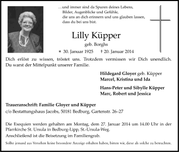 Anzeige von Lilly Küpper von Kölner Stadt-Anzeiger / Kölnische Rundschau / Express