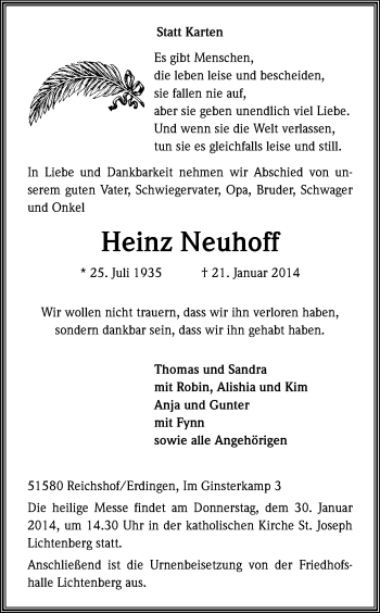 Anzeige von Heinz Neuhoff von Kölner Stadt-Anzeiger / Kölnische Rundschau / Express