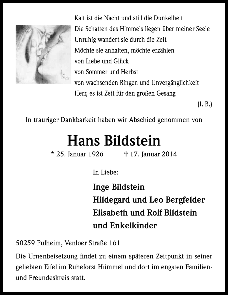  Traueranzeige für Hans Bildstein vom 25.01.2014 aus Kölner Stadt-Anzeiger / Kölnische Rundschau / Express
