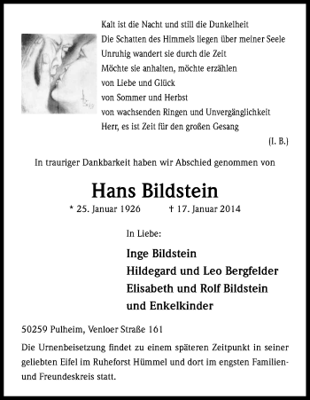 Anzeige von Hans Bildstein von Kölner Stadt-Anzeiger / Kölnische Rundschau / Express