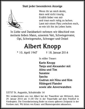 Anzeige von Albert Knopp von Kölner Stadt-Anzeiger / Kölnische Rundschau / Express
