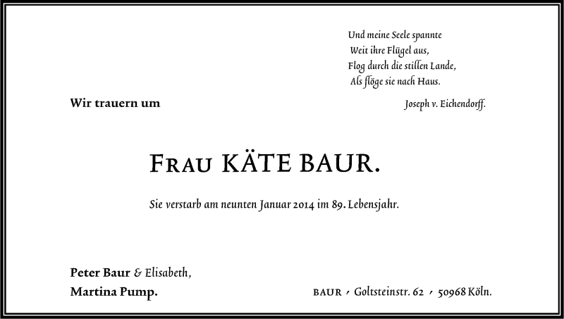  Traueranzeige für Käte Baur vom 25.01.2014 aus Kölner Stadt-Anzeiger / Kölnische Rundschau / Express