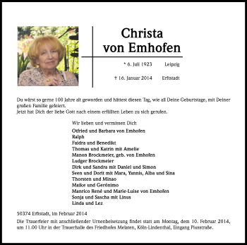 Anzeige von Christa von Emhofen von Kölner Stadt-Anzeiger / Kölnische Rundschau / Express