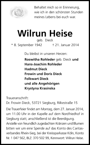 Anzeige von Wilrun Heise von Kölner Stadt-Anzeiger / Kölnische Rundschau / Express