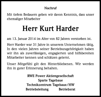 Anzeige von Kurt Harder von Kölner Stadt-Anzeiger / Kölnische Rundschau / Express
