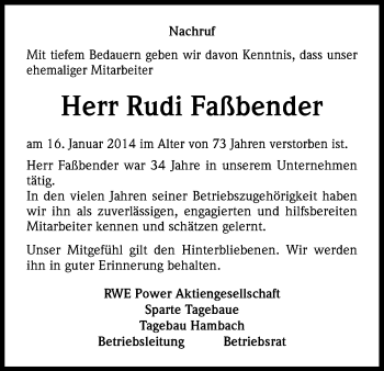 Anzeige von Rudi Faßbender von Kölner Stadt-Anzeiger / Kölnische Rundschau / Express