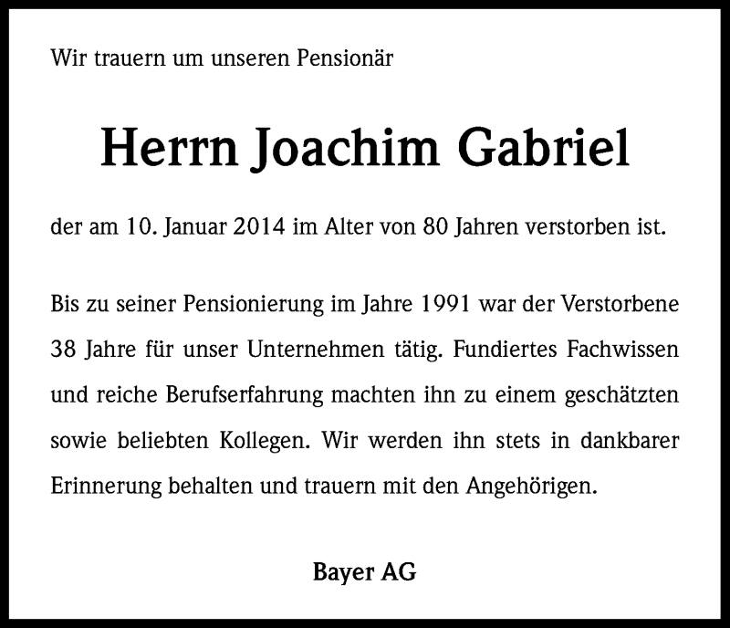  Traueranzeige für Joachim Gabriel vom 23.01.2014 aus Kölner Stadt-Anzeiger / Kölnische Rundschau / Express