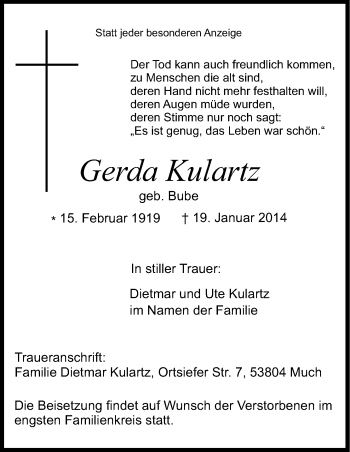 Anzeige von Gerda Kulartz von Kölner Stadt-Anzeiger / Kölnische Rundschau / Express