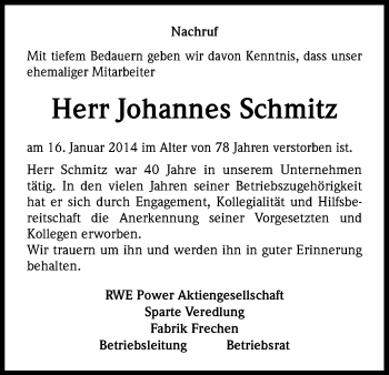 Anzeige von 2014.245778.0 Johannes Schmitz von Kölner Stadt-Anzeiger / Kölnische Rundschau / Express