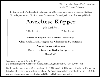 Anzeige von Anneliese Küpper von Kölner Stadt-Anzeiger / Kölnische Rundschau / Express