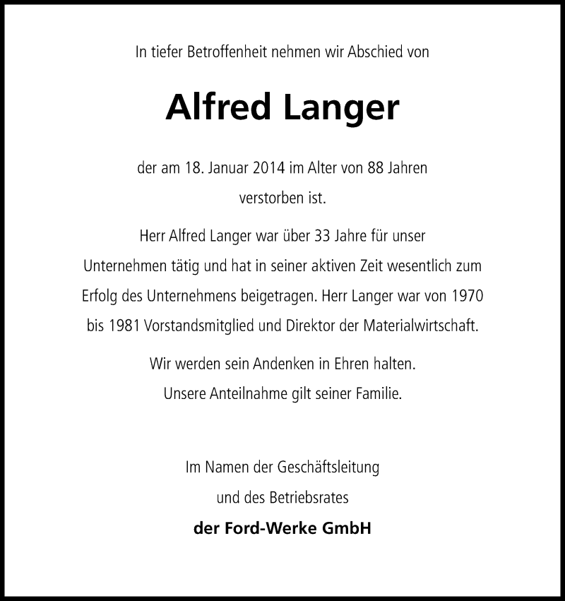  Traueranzeige für Alfred Langer vom 25.01.2014 aus Kölner Stadt-Anzeiger / Kölnische Rundschau / Express