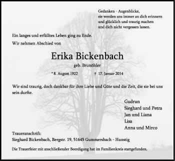 Anzeige von Erika Bickenbach von Kölner Stadt-Anzeiger / Kölnische Rundschau / Express