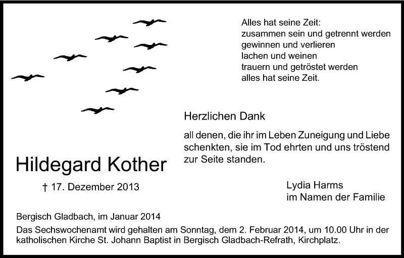  Traueranzeige für Hildegard Kother vom 25.01.2014 aus Kölner Stadt-Anzeiger / Kölnische Rundschau / Express