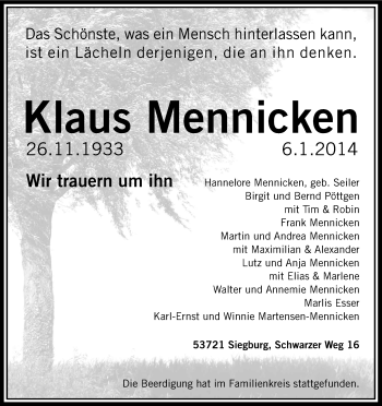 Anzeige von Klaus Mennicken von Kölner Stadt-Anzeiger / Kölnische Rundschau / Express