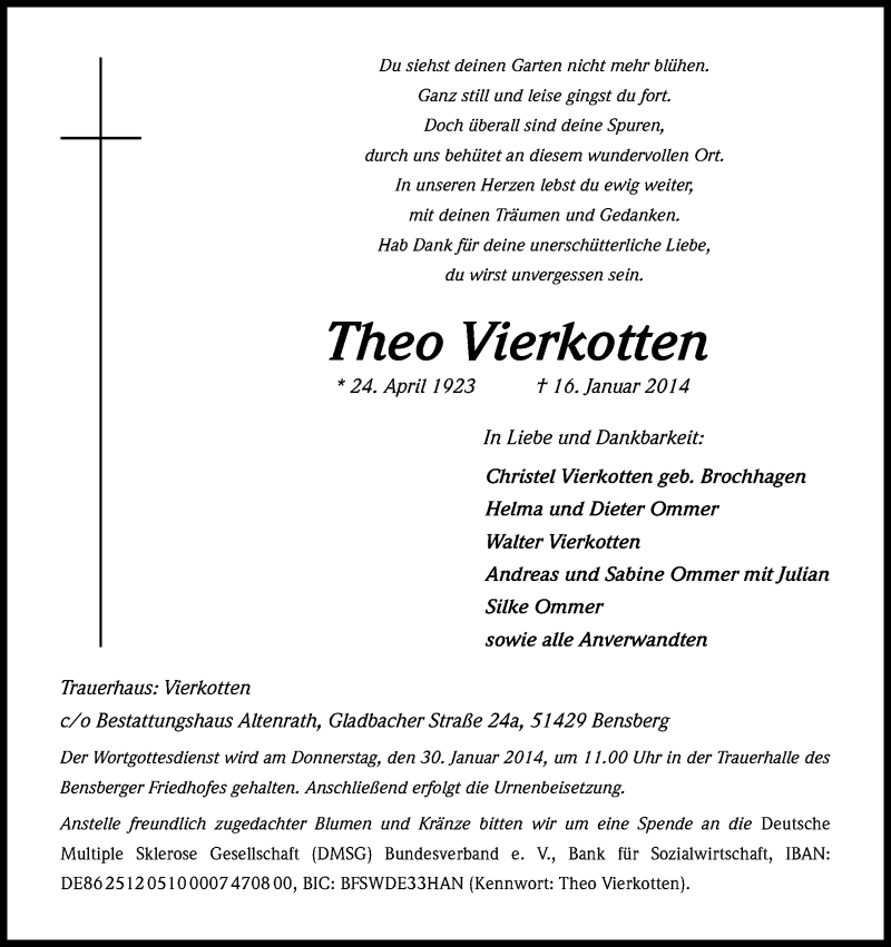  Traueranzeige für Theo Vierkotten vom 24.01.2014 aus Kölner Stadt-Anzeiger / Kölnische Rundschau / Express