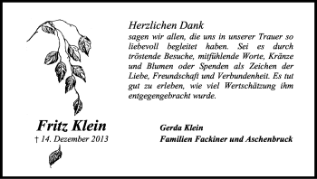 Anzeige von Fritz Klein von Kölner Stadt-Anzeiger / Kölnische Rundschau / Express