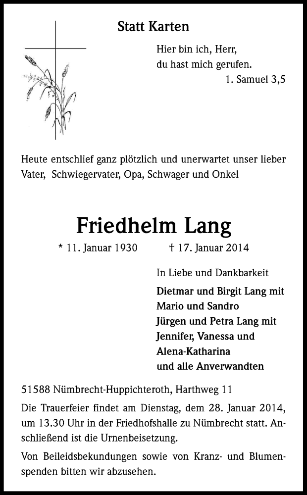  Traueranzeige für Friedhelm Lang vom 24.01.2014 aus Kölner Stadt-Anzeiger / Kölnische Rundschau / Express