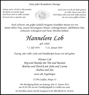 Anzeige von Hannelore Lob von Kölner Stadt-Anzeiger / Kölnische Rundschau / Express