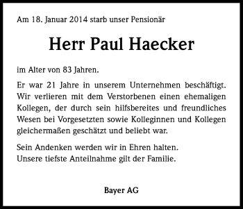 Anzeige von Paul Haecker von Kölner Stadt-Anzeiger / Kölnische Rundschau / Express