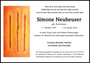 Anzeige von Simone Neuheuser von Kölner Stadt-Anzeiger / Kölnische Rundschau / Express