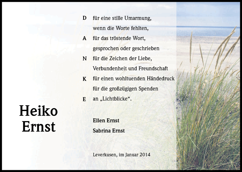  Traueranzeige für Heiko Ernst vom 25.01.2014 aus Kölner Stadt-Anzeiger / Kölnische Rundschau / Express