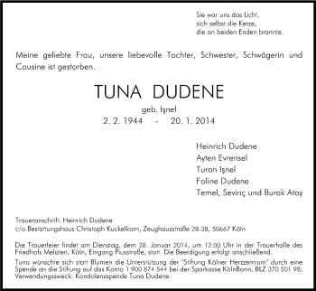 Anzeige von Dudene Tuna von Kölner Stadt-Anzeiger / Kölnische Rundschau / Express