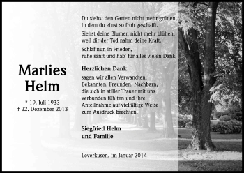 Anzeige von Marlies Helm von Kölner Stadt-Anzeiger / Kölnische Rundschau / Express