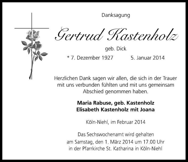  Traueranzeige für Gertrud Kastenholz vom 01.02.2014 aus Kölner Stadt-Anzeiger / Kölnische Rundschau / Express