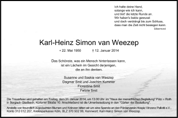 Anzeige von Karl-Heinz  van Weezep von Kölner Stadt-Anzeiger / Kölnische Rundschau / Express