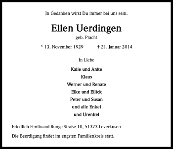 Anzeige von Ellen Uerdingen von Kölner Stadt-Anzeiger / Kölnische Rundschau / Express