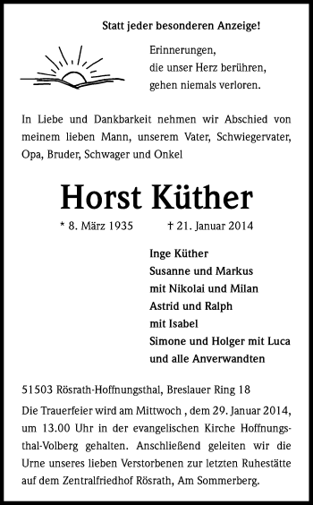 Anzeige von Horst Küther von Kölner Stadt-Anzeiger / Kölnische Rundschau / Express